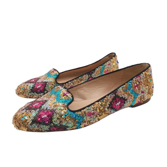 J. Crew Sequin Flats Womens 8 Multicolor Boho Southwestern Aztec Dress Loafers - Picture 1 of 5